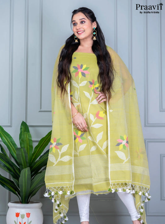 Light Olive Green Unstitched Muslin Jamdani Suit Set
