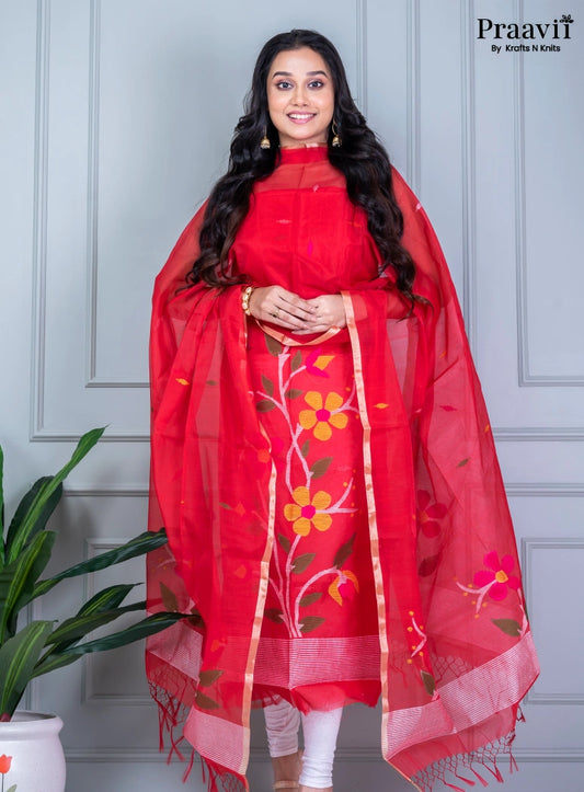 Crimson Red Unstitched Muslin Jamdani Suit Set