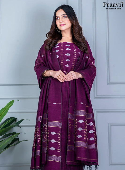 Purple Unstitched Cotton Jamdani Suit Set