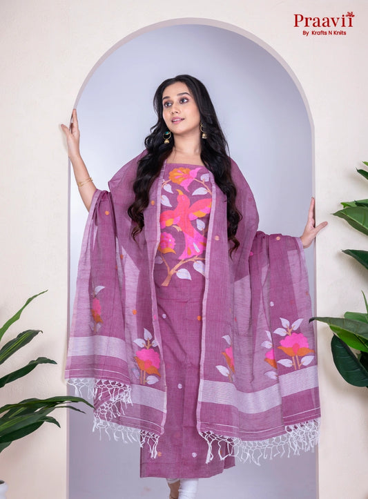 Fuchsia Unstitched Cotton Jamdani Suit Set