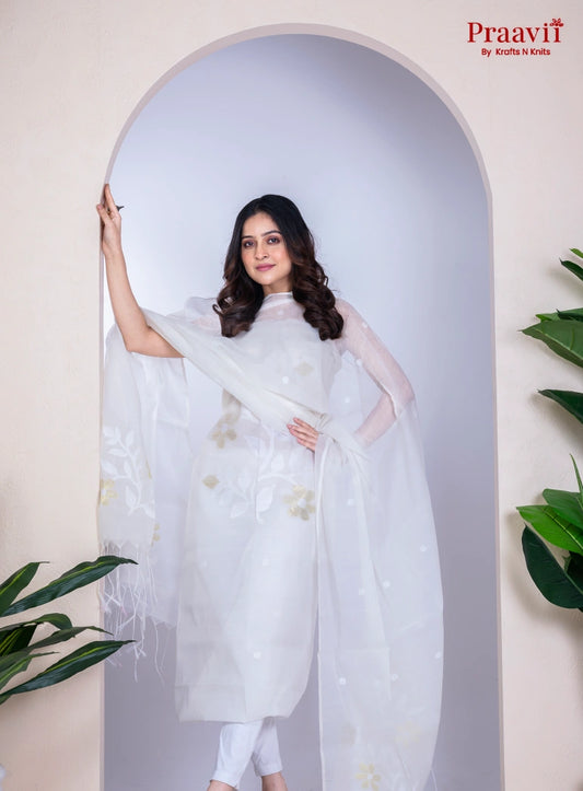 White Unstitched Cotton Handwoven Jamdani Suit Set