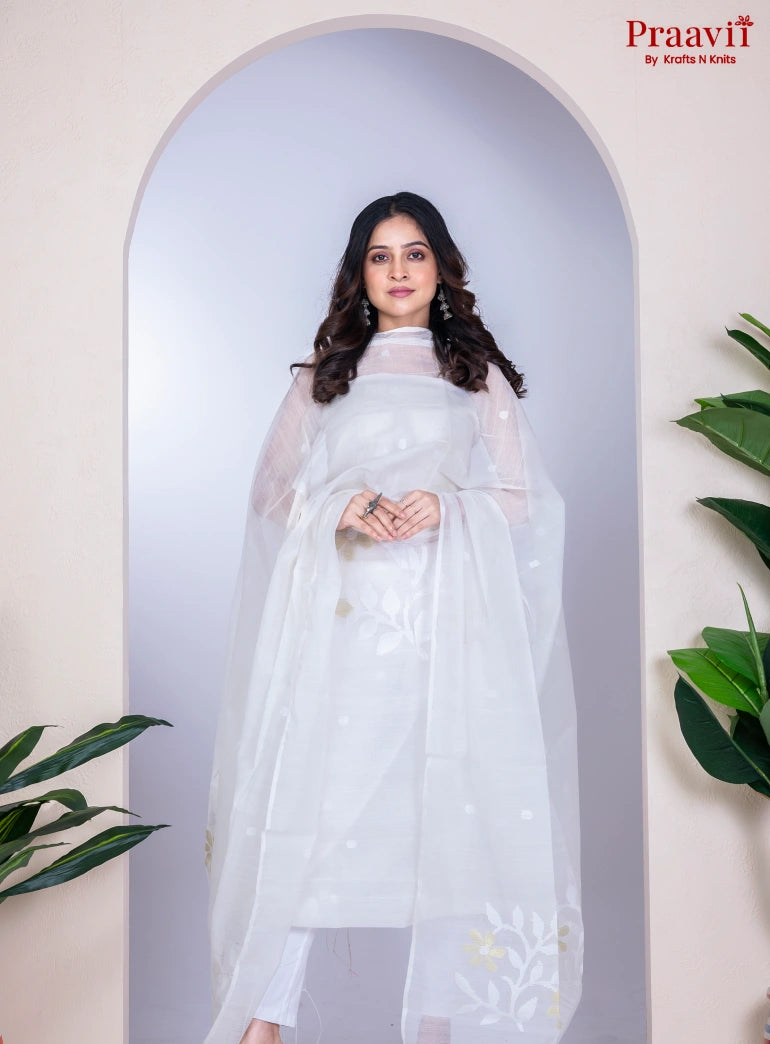 White Unstitched Cotton Handwoven Jamdani Suit Set