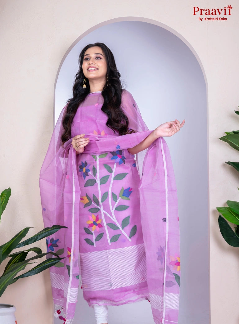 Violet Unstitched Cotton Handwoven Jamdani Suit Set