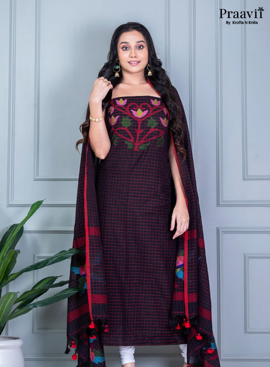 Black Unstitched Cotton Handwoven Jamdani Suit Set