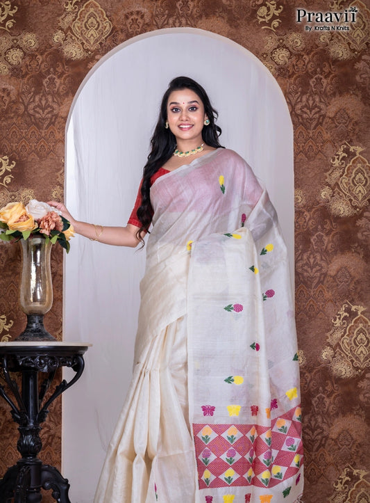 Off-White Pure Cotton Jamdani Handwoven Saree