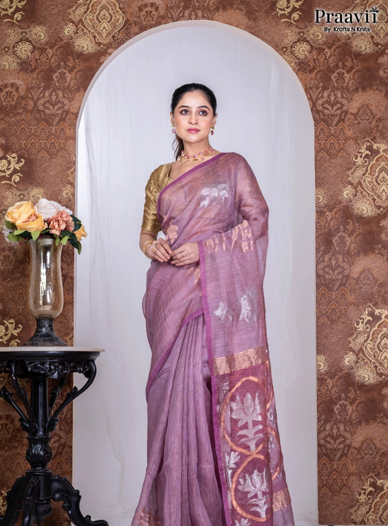 Mauve Color Pure Cotton Jamdani Handwoven Saree