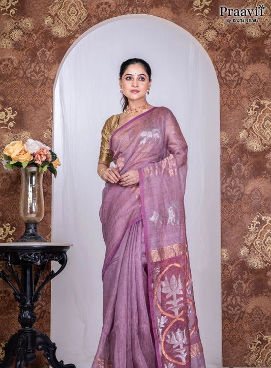 Mauve Color Pure Cotton Jamdani Handwoven Saree