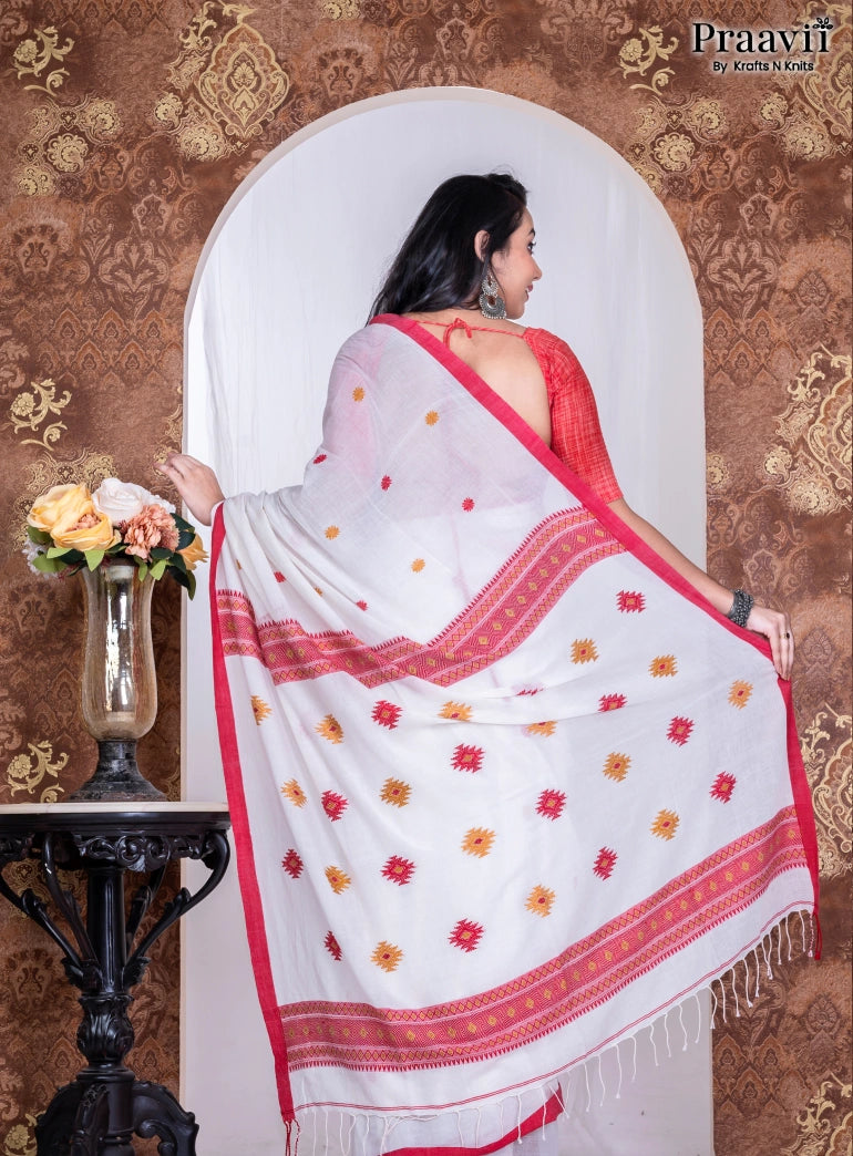 White & Red Pure Cotton Jamdani Handwoven Saree