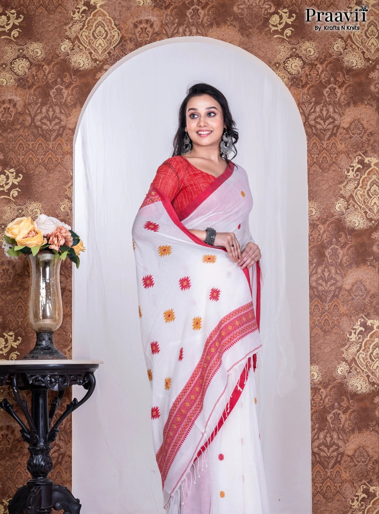 White & Red Pure Cotton Jamdani Handwoven Saree