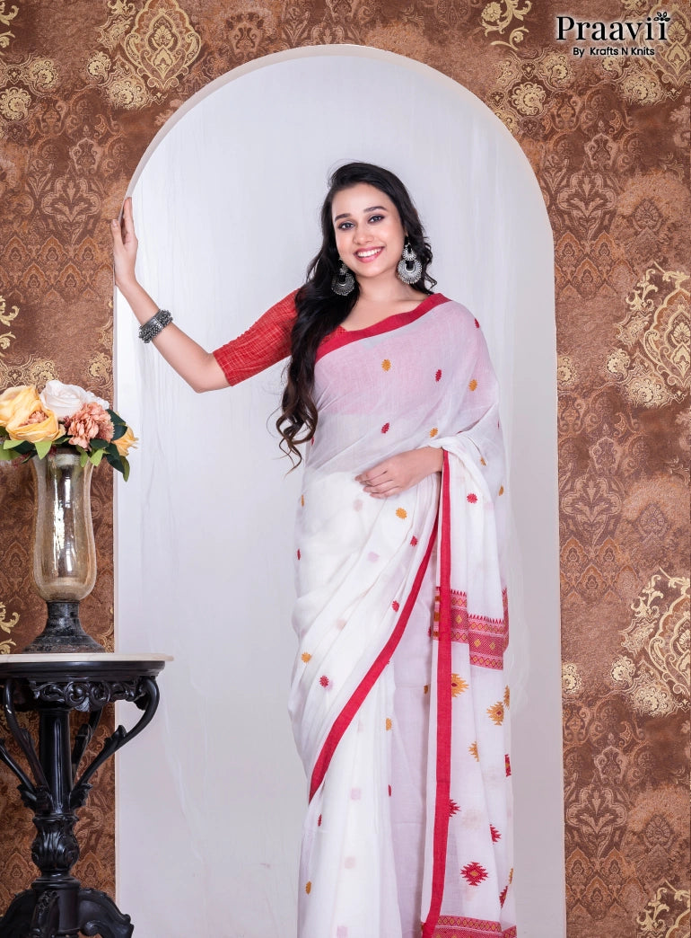 White & Red Pure Cotton Jamdani Handwoven Saree