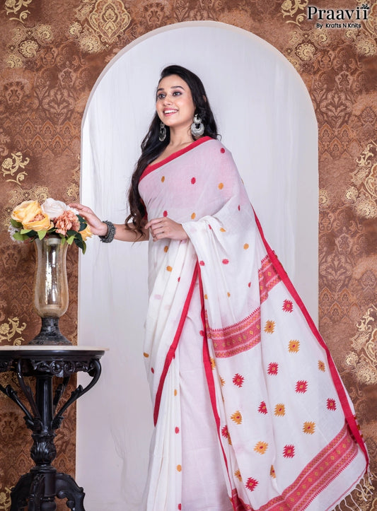 White & Red Pure Cotton Jamdani Handwoven Saree