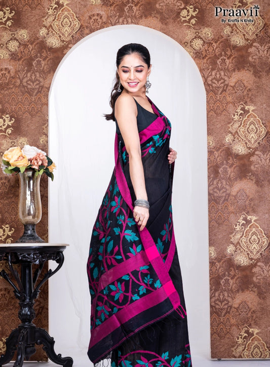 Black Pure Cotton Jamdani Handwoven Saree