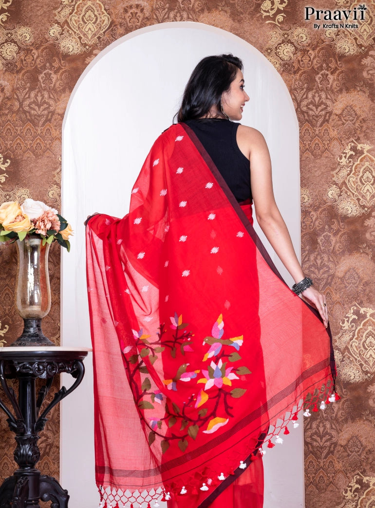 Red Pure Cotton Jamdani Handwoven Saree