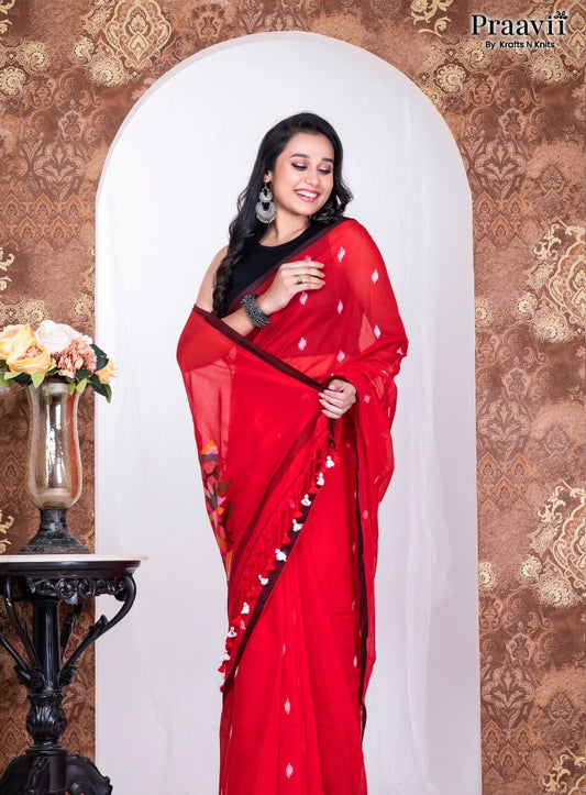 Red Pure Cotton Jamdani Handwoven Saree