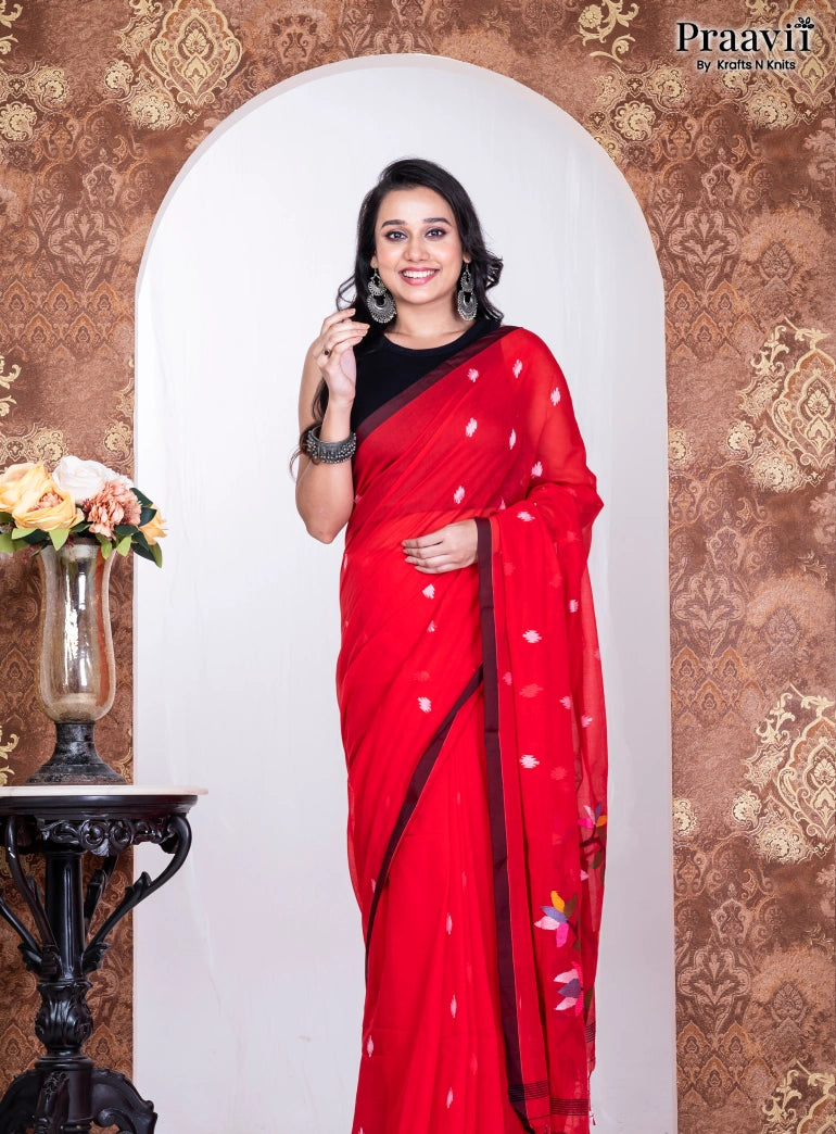 Red Pure Cotton Jamdani Handwoven Saree
