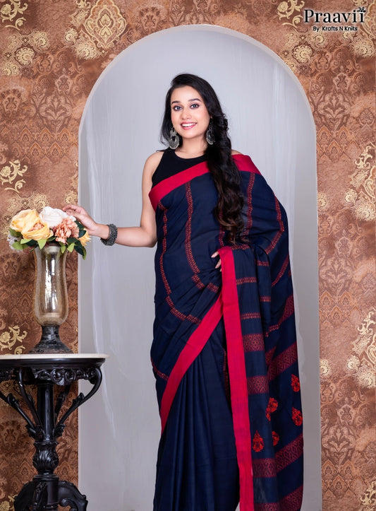 Blue Pure Cotton Jamdani Handwoven Saree