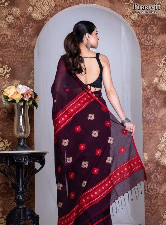 Dark Maroon Pure Cotton Jamdani Handwoven Saree