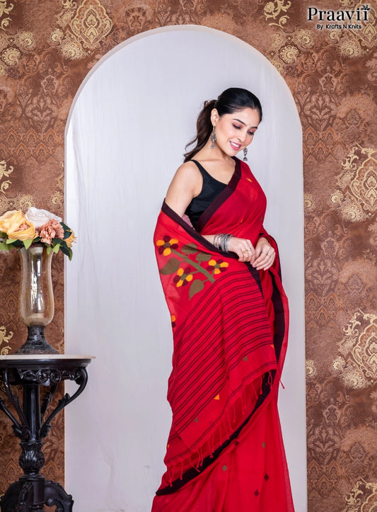 Vermilion Red Cotton Handwoven Jamdani Saree