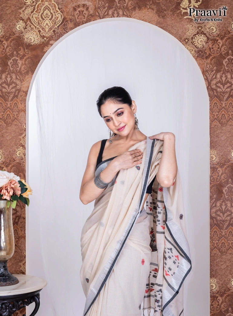 White Pure Cotton Jamdani Handwoven Saree