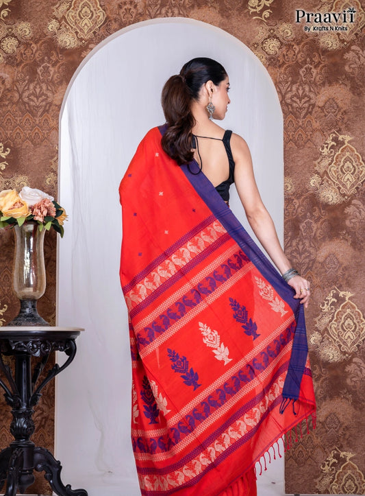 Red Pure Cotton Jamdani Handwoven Saree