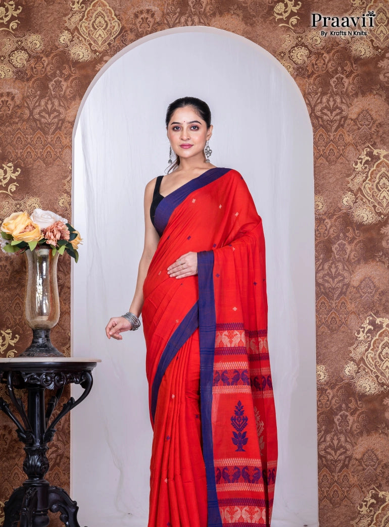 Red Pure Cotton Jamdani Handwoven Saree
