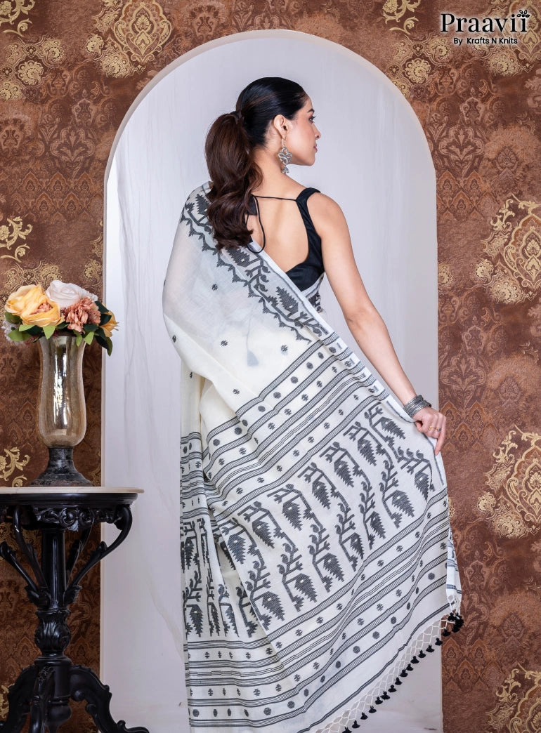 White Pure Cotton Jamdani Handwoven Saree