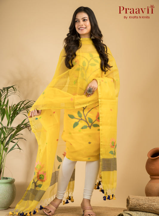 Sunflower Yellow Unstitched Muslin Handwoven Jamdani Suit Set