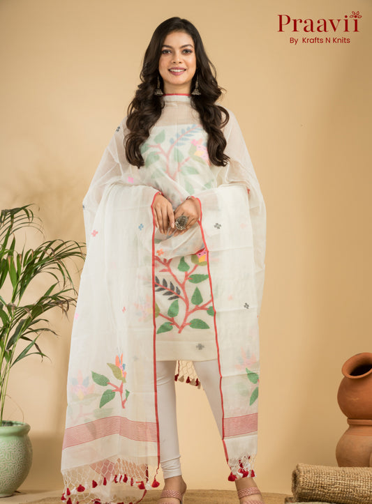 White Unstitched Cotton Handwoven Jamdani Suit Set