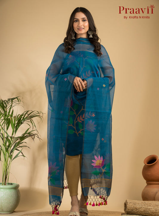 Olympic Blue Unstitched Cotton Handwoven Jamdani Suit Set