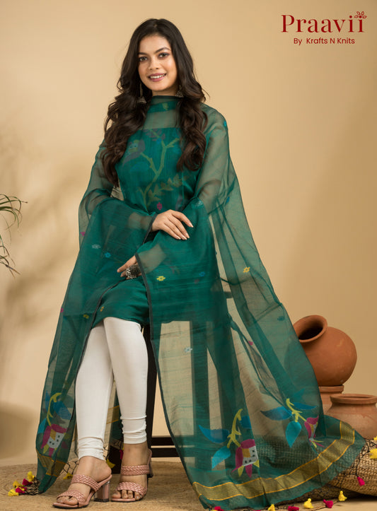 Teal Green Unstitched Muslin Handwoven Jamdani Suit Set