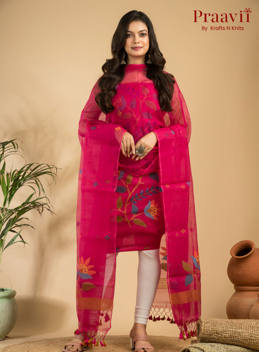 Ruby Red Unstitched Muslin Handwoven Jamdani Suit Set