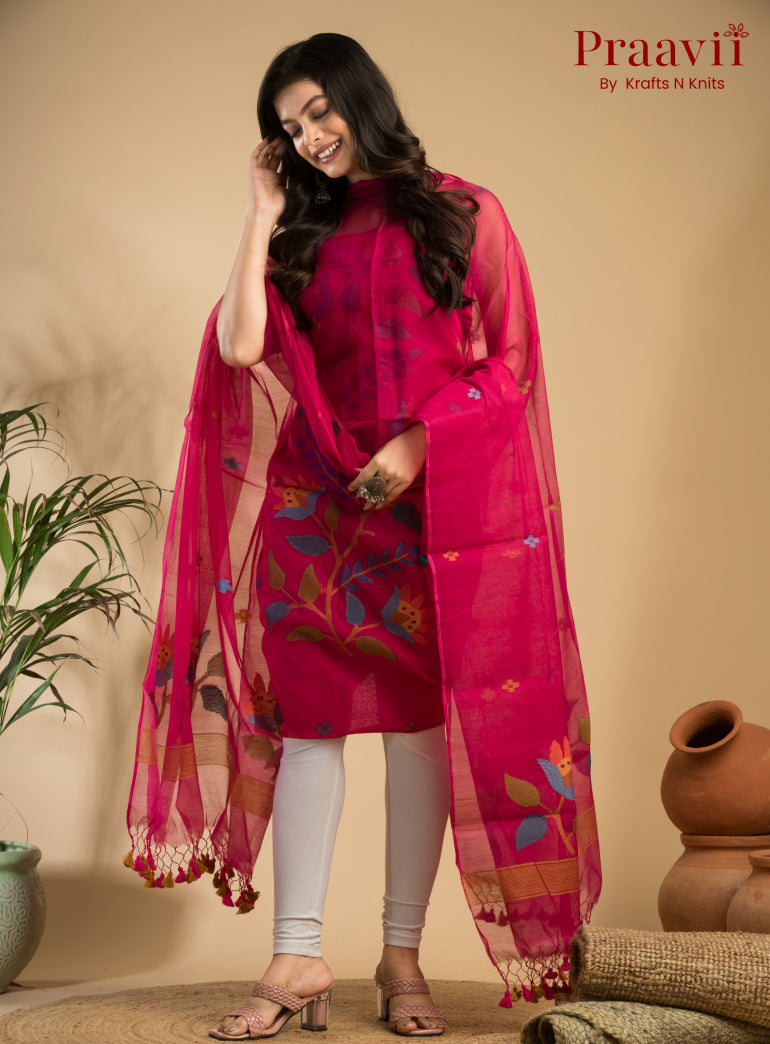Ruby Red Unstitched Muslin Handwoven Jamdani Suit Set