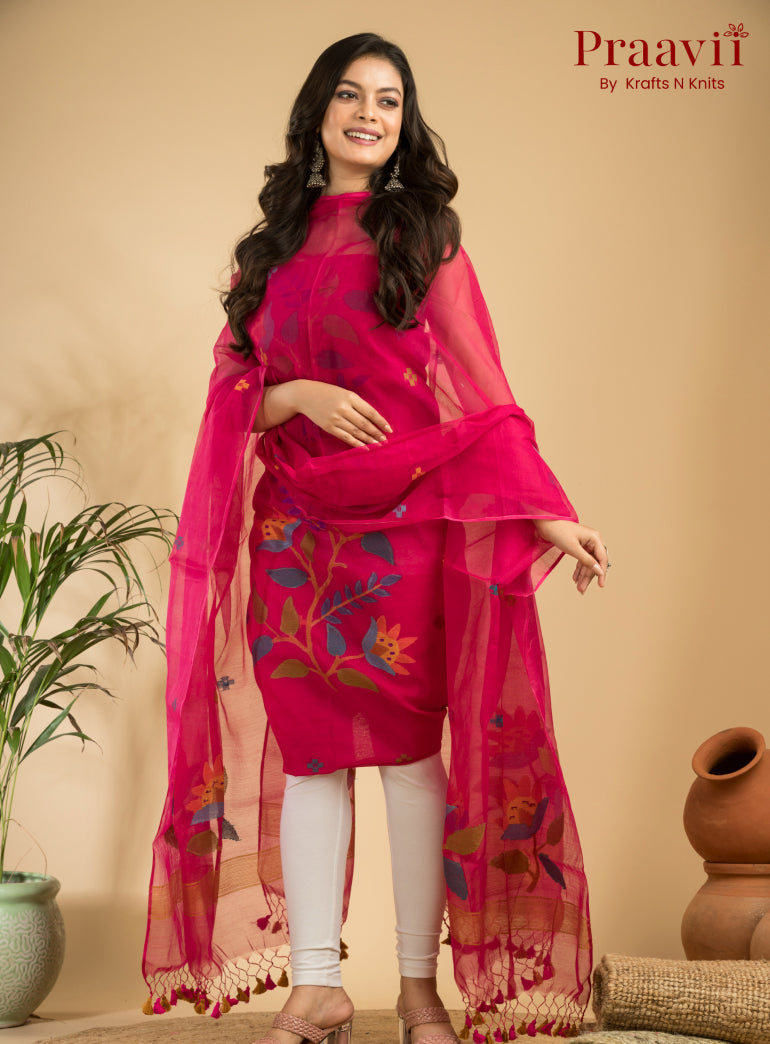 Ruby Red Unstitched Muslin Handwoven Jamdani Suit Set