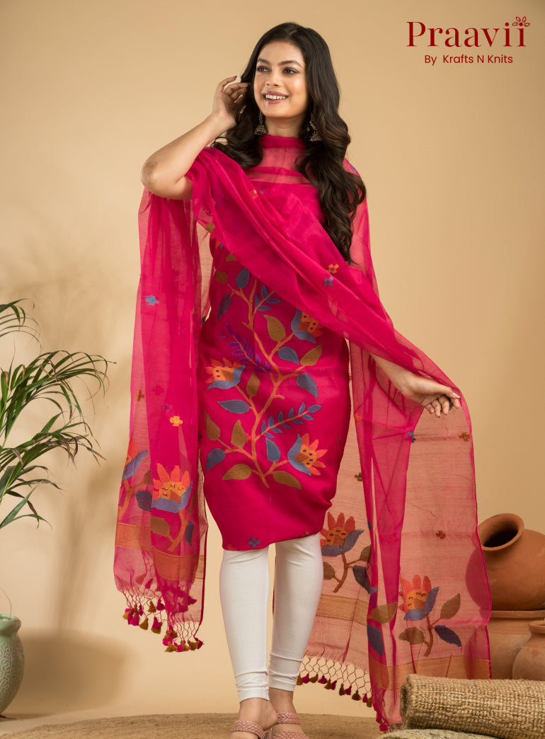 Ruby Red Unstitched Muslin Handwoven Jamdani Suit Set