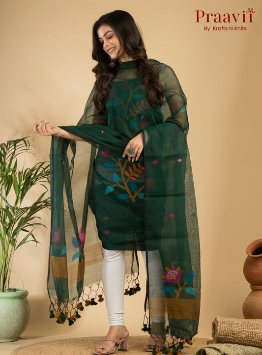 Dark Green Unstitched Muslin Handwoven Jamdani Suit Set