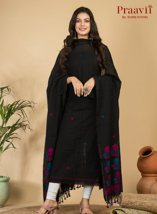 Classic Black Unstitched Cotton Handwoven Jamdani Suit Set