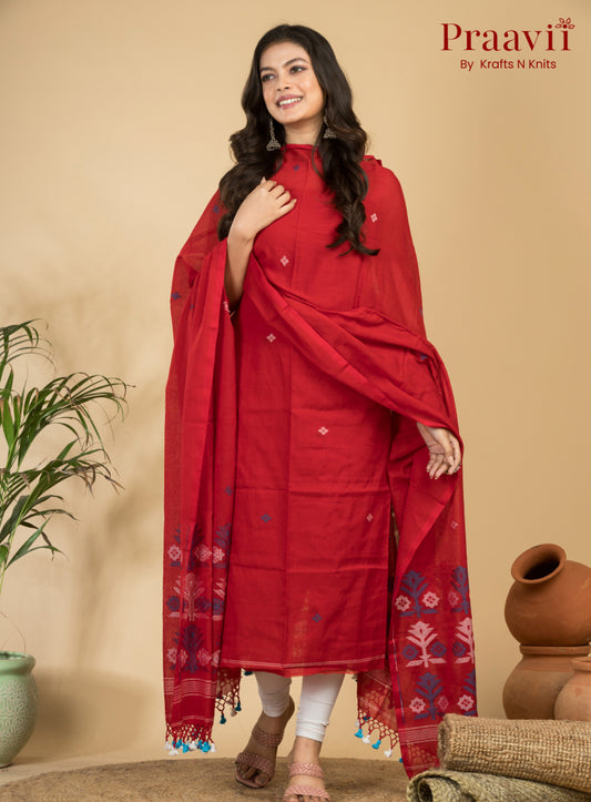 Classic Red Unstitched Cotton Handwoven Jamdani Suit Set