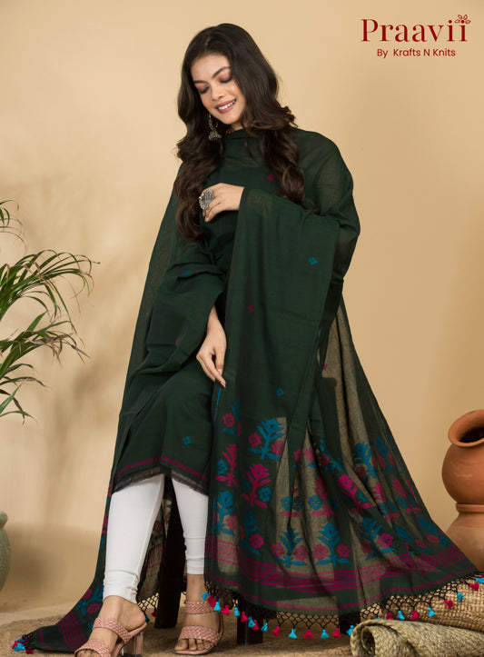 Dark Forest Green Unstitched Cotton Handwoven Jamdani Suit Set