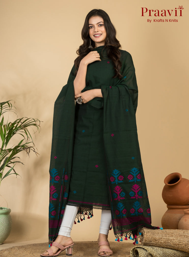 Dark Forest Green Unstitched Cotton Handwoven Jamdani Suit Set