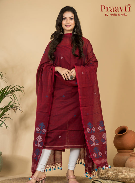 Maroon Unstitched Cotton Handwoven Jamdani Suit Set