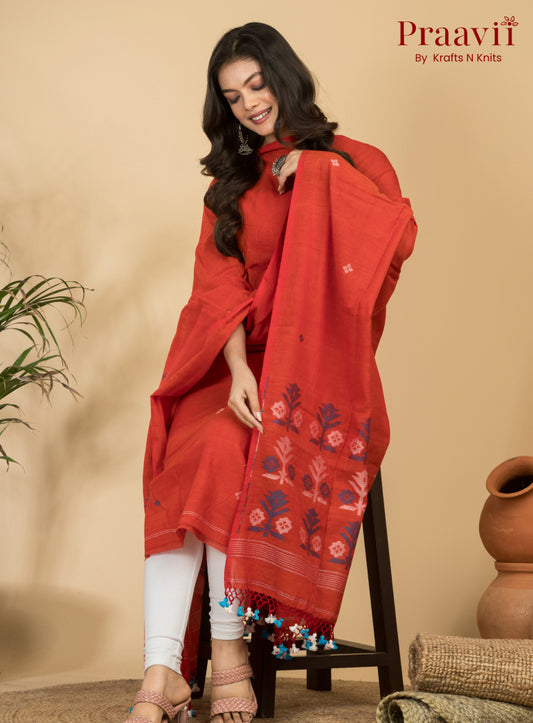 Orange Unstitched Cotton Handwoven Jamdani Suit Set