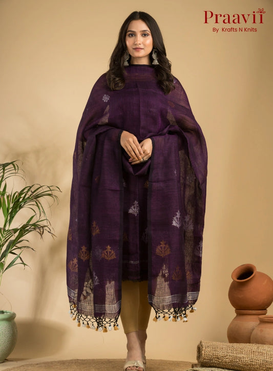 Royal Purple Pure Linen Unstitched Jamdani Suit 2-Piece Set