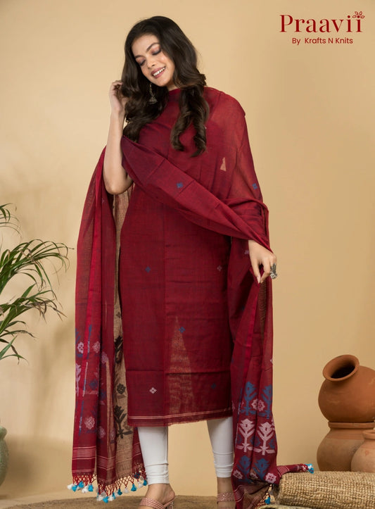 Mahogany Unstitched Cotton Handwoven Jamdani Suit Set