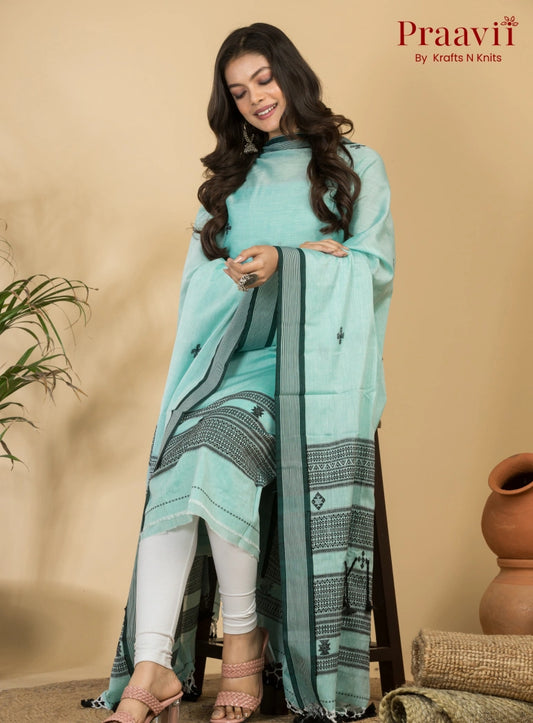 Light Cyan Color Unstitched Cotton Handwoven Jamdani Suit Set