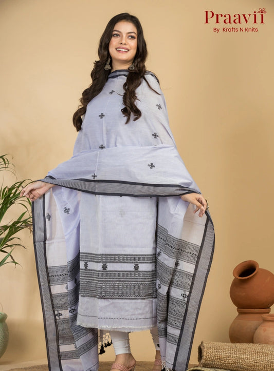 Light Steel Color Unstitched Cotton Handwoven Jamdani Suit Set