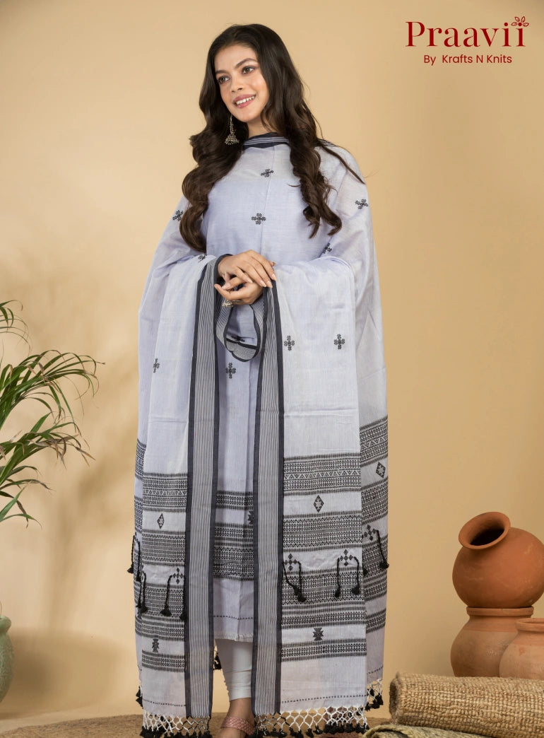 Light Steel Color Unstitched Cotton Handwoven Jamdani Suit Set