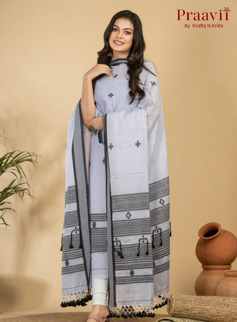 Light Steel Color Unstitched Cotton Handwoven Jamdani Suit Set
