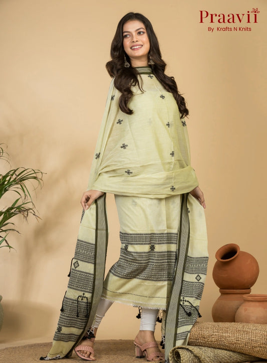 Creamy White Color Unstitched Cotton Handwoven Jamdani Suit Set