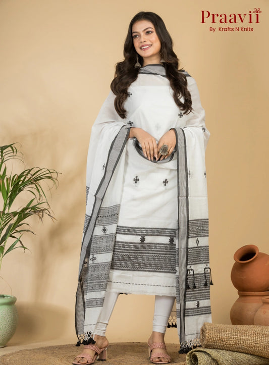 Prestine White Color Unstitched Cotton Handwoven Jamdani Suit Set