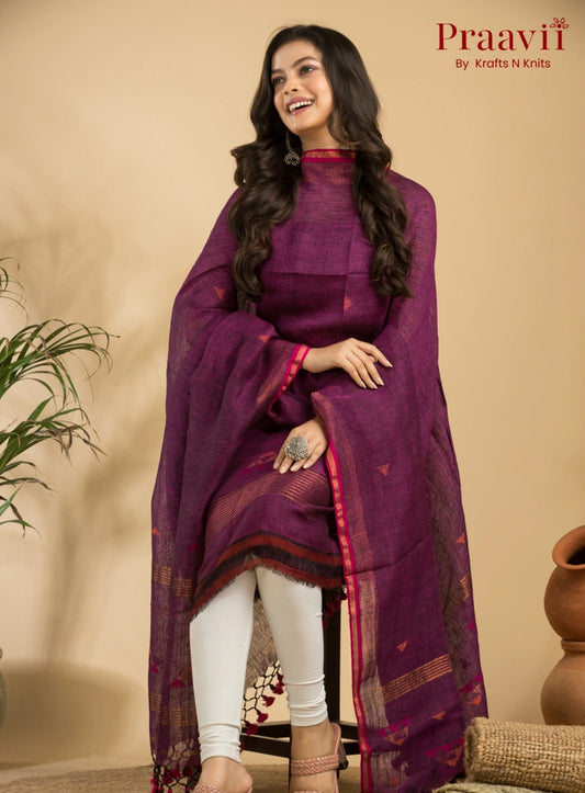 Classic Maroon Unstitched Linen Handwoven Jamdani Suit Set